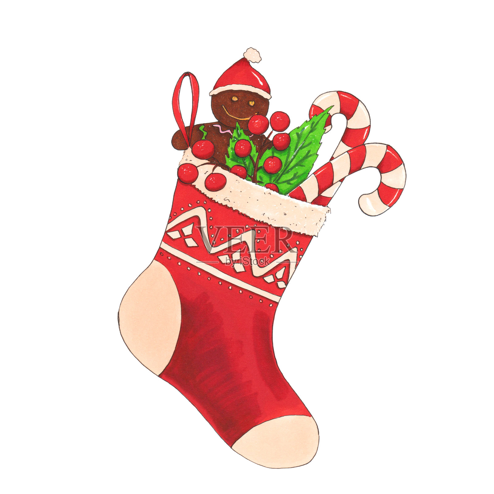 手工绘制的圣诞红袜，冬青，姜饼和棒棒糖孤立在白色插画图片素材