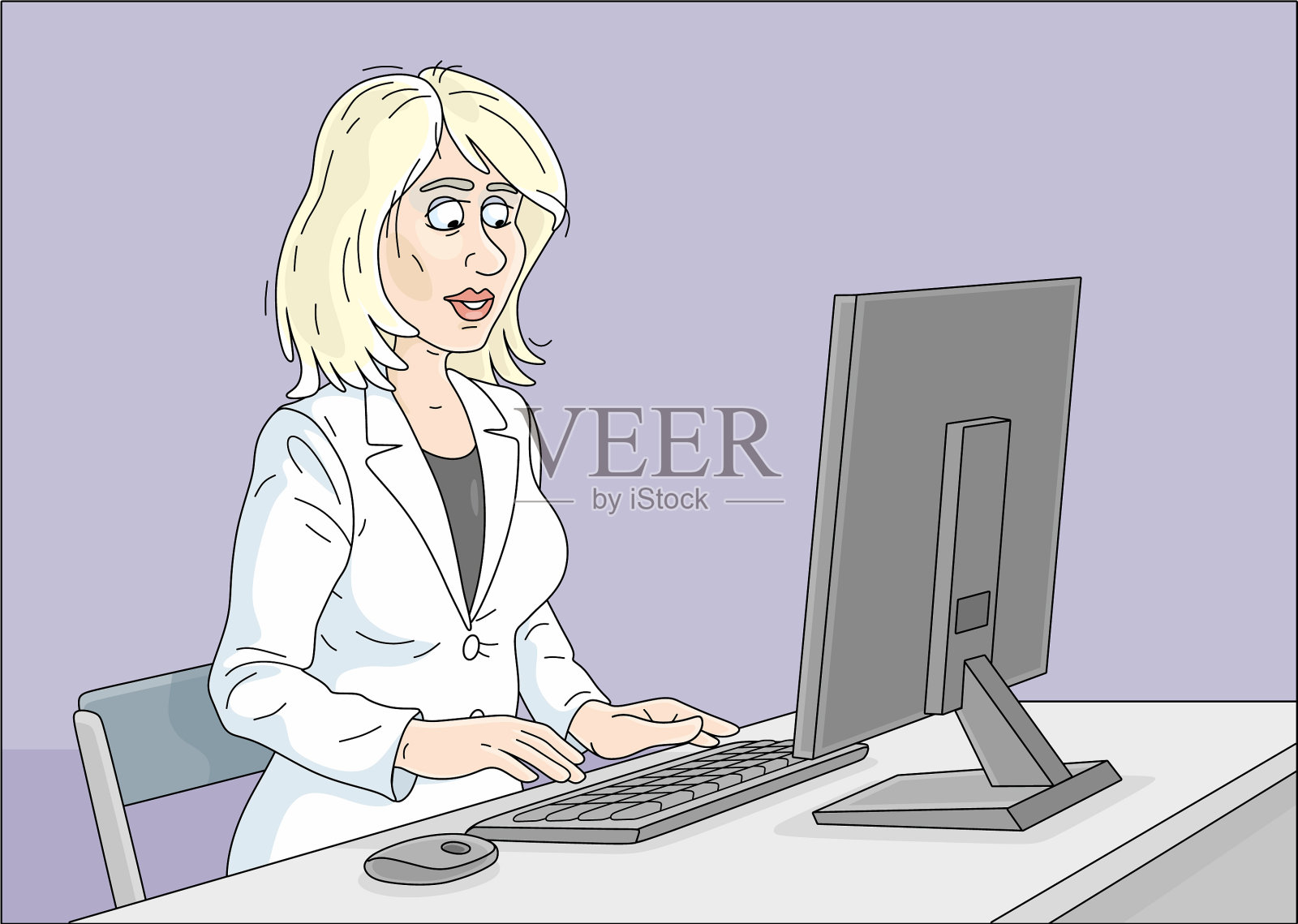 在电脑前工作的女商人插画图片素材