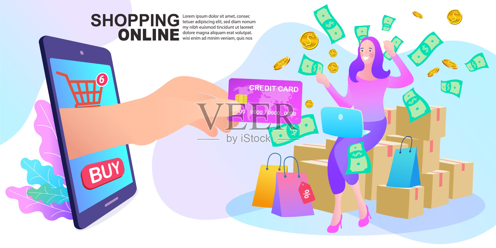 网上数字商店场景与女人在购物。电子商务广告插图。设计模板素材