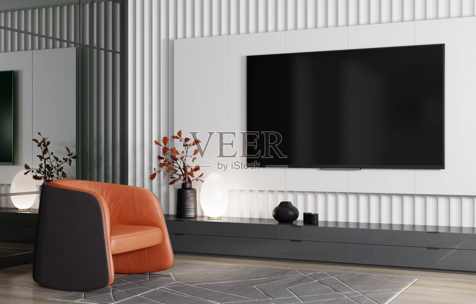 8K电视房现代极简主义客厅与平板电视照片摄影图片