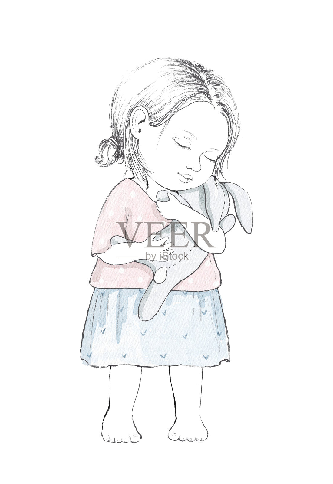水彩素描与老式卡通小女孩与玩具兔子插画图片素材