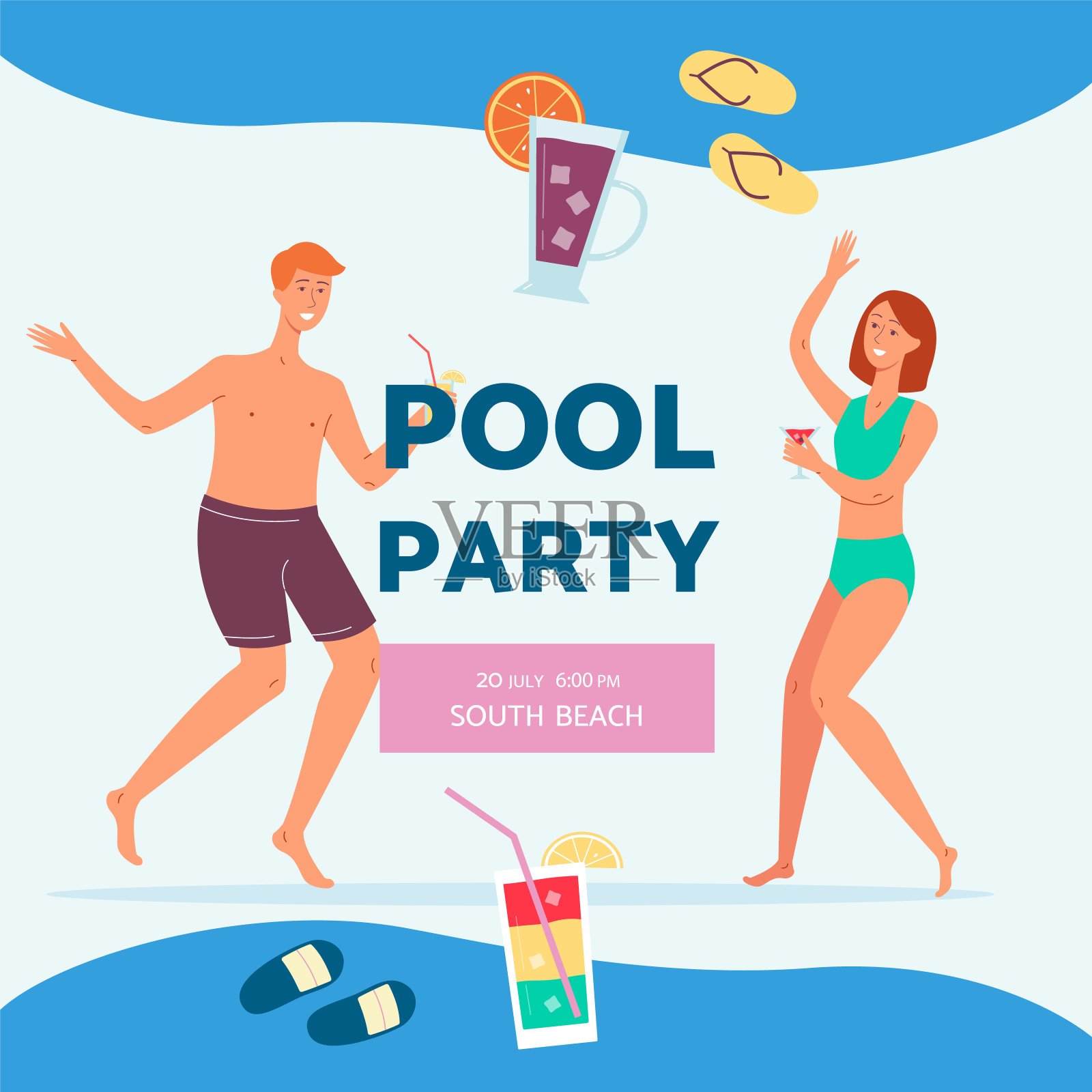海报广告一个夏季游泳池派对矢量平面插图插画图片素材