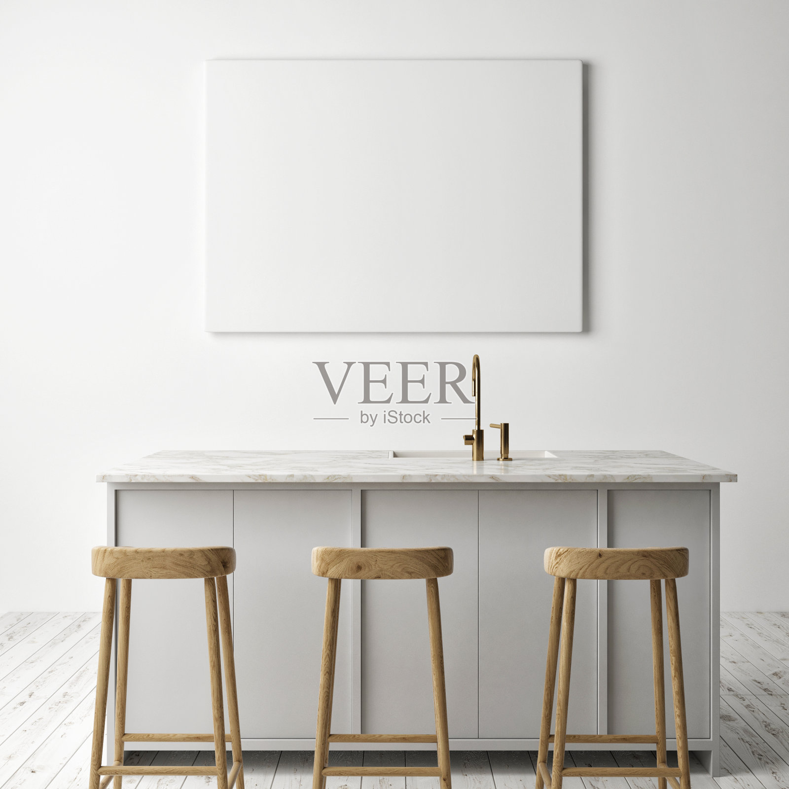 用一张水平空白海报模拟厨房，斯堪的纳维亚设计，照片摄影图片