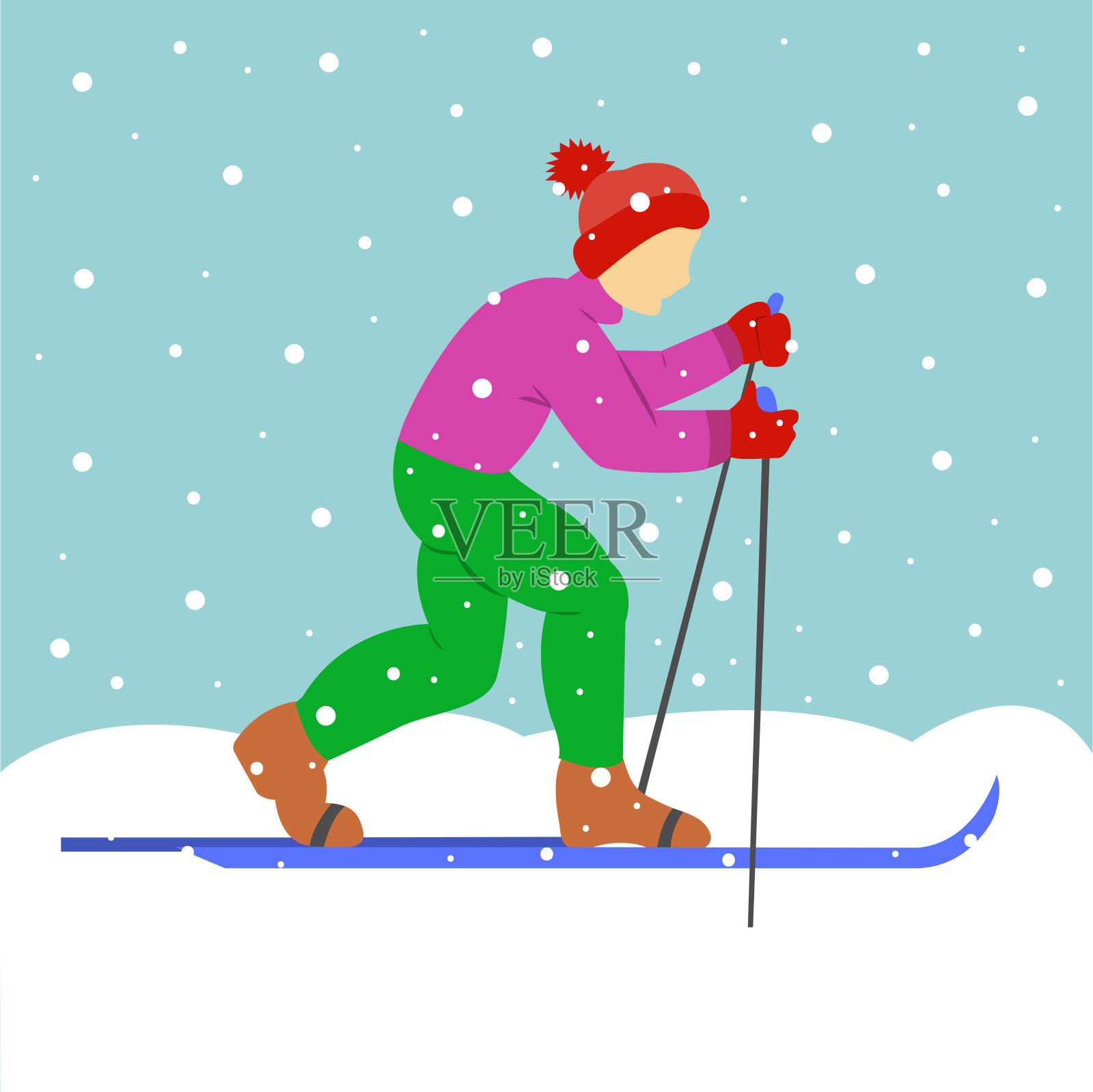 那个男孩在滑雪。下雪。冬天寒冷的天气。时尚的平面设计矢量插图。插画图片素材