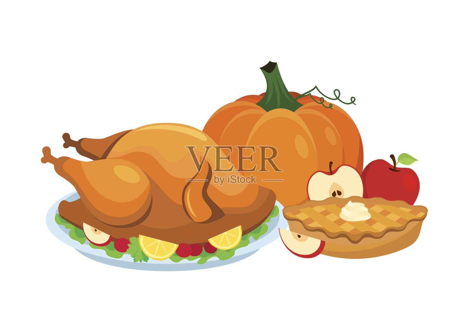 感恩节晚餐与烤火鸡和苹果派图标向量设计元素图片