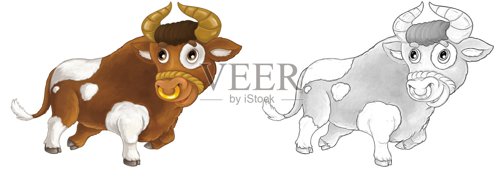 卡通素描场景农场动物-欢快的公牛在微笑和看着-艺术风格-插图插画图片素材