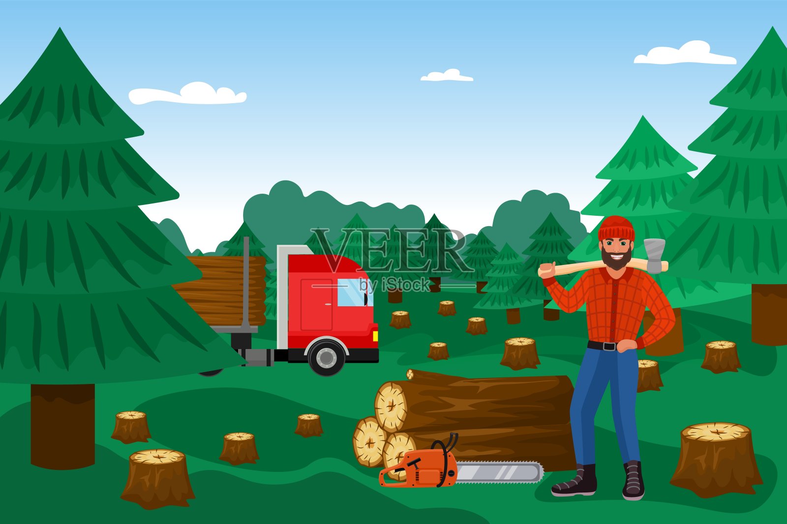伐木工与樵夫在森林，木材矢量插图。木材木材，伐木工人卡通人物。伐木工人。插画图片素材