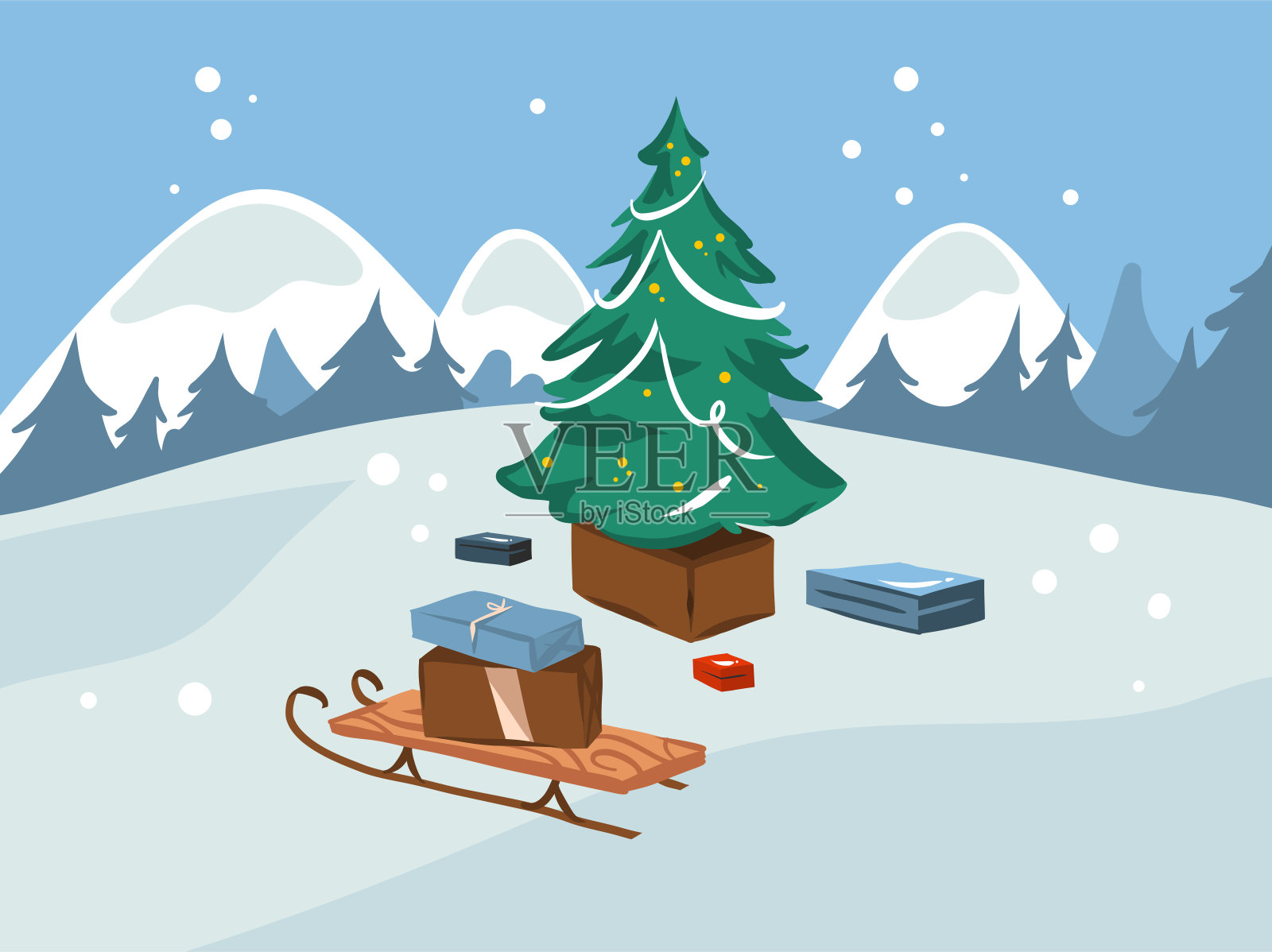 手绘矢量抽象股票平圣诞快乐，和新年快乐卡通贺卡可爱的圣诞树，雪橇和礼物盒礼物孤立在白色的冬季景观背景插画图片素材