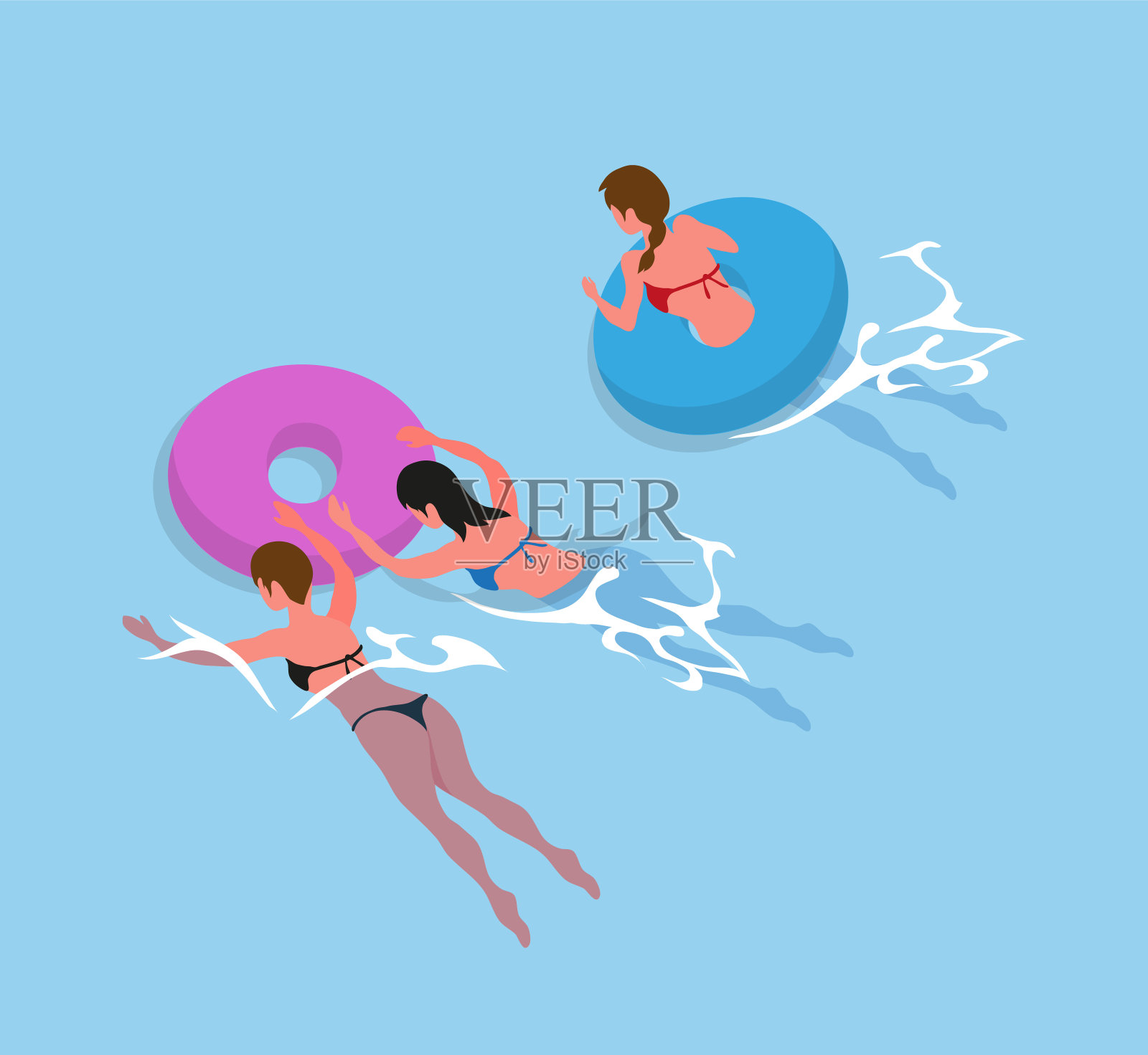 女子在比基尼泳装游泳，充气环插画图片素材