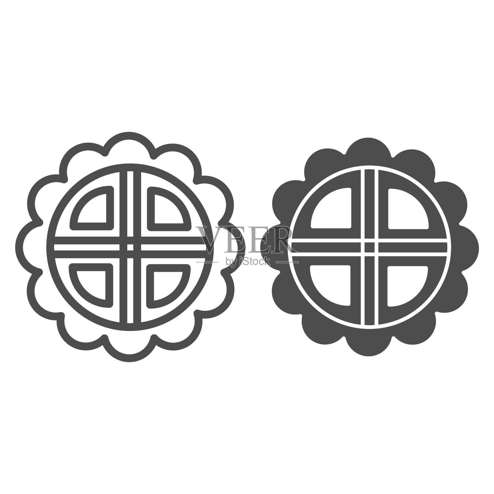 月饼线和固体图标，中国中秋节的概念，月饼标志在白色的背景，馅饼形状的花朵从中国图标在轮廓风格的网页设计。矢量图形。图标素材