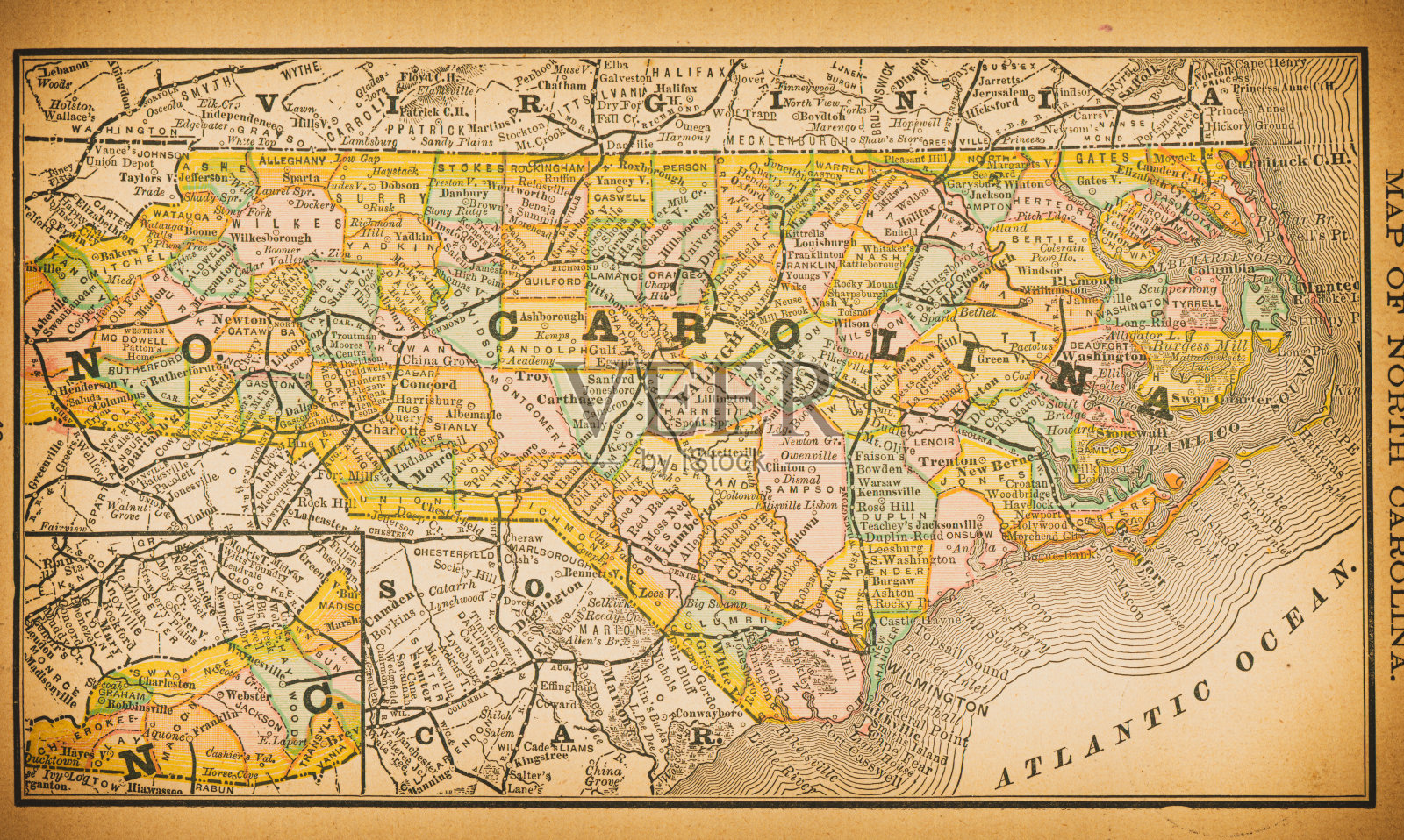 19世纪北卡罗来纳州的地图插画图片素材