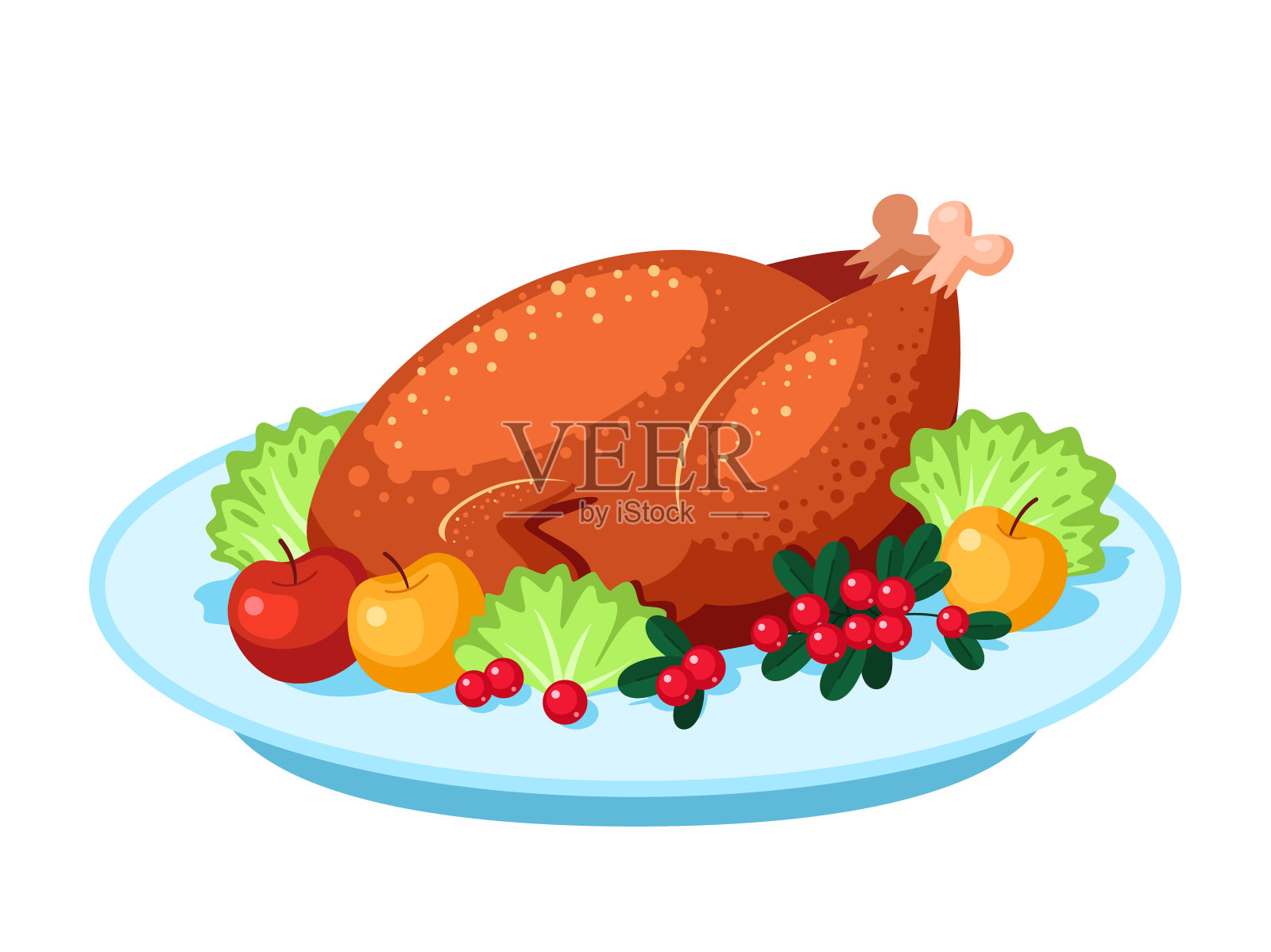 节日晚宴上的烤火鸡。感恩节和圣诞节的传统菜肴。孤立在白色背景上。设计元素图片