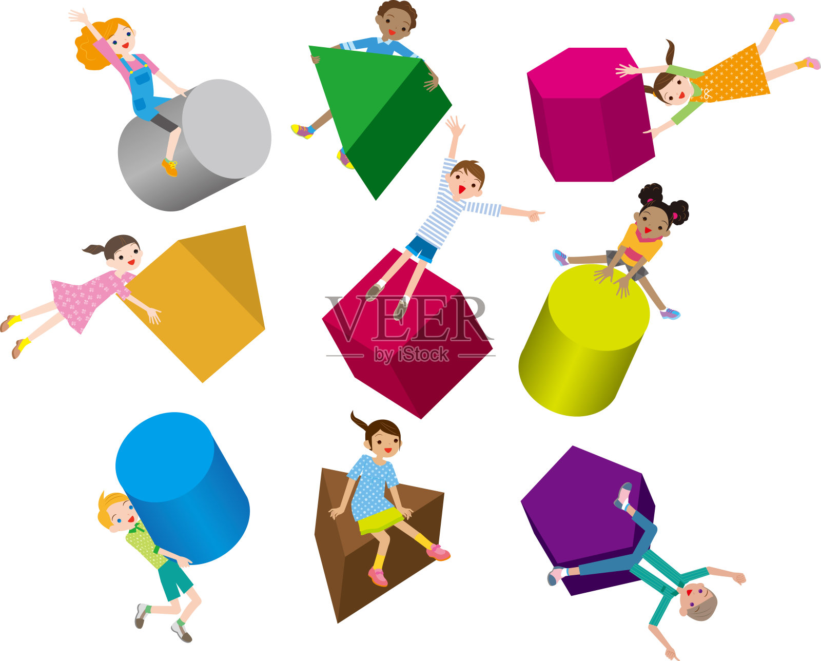 男孩和女孩骑着一个立方体。多民族小学生插画图片素材