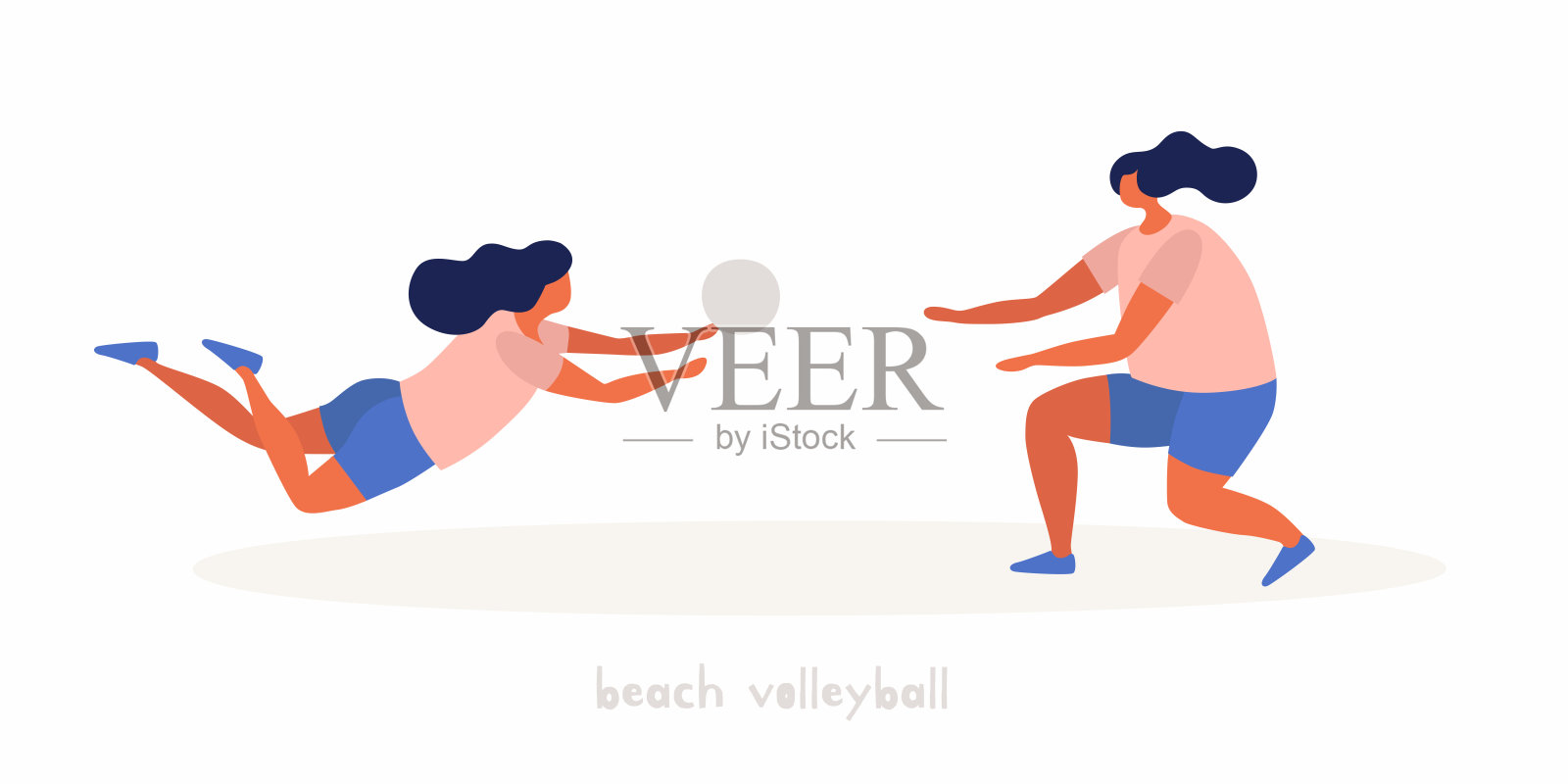几个晒得黝黑的年轻女孩在玩沙滩排球。插画图片素材