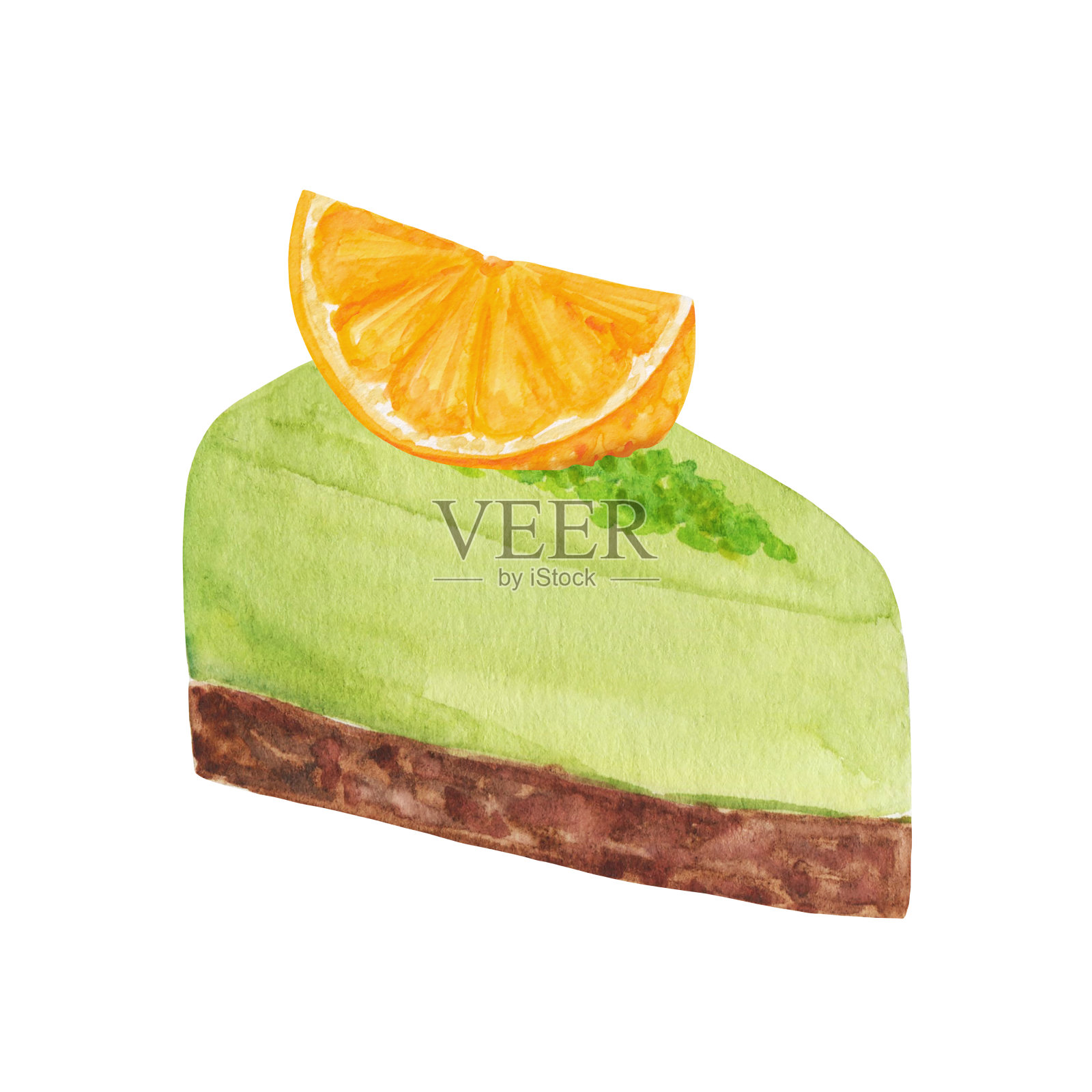 水彩切片开心果蛋糕stock插图，甜点剪辑艺术，甜甜点与橙子分离，慕斯蛋糕套插画图片素材