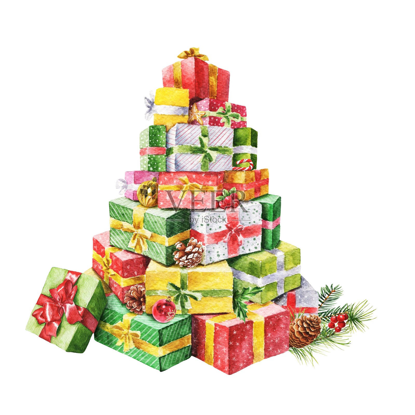 水彩圣诞礼盒金字塔白色背景。手绘水彩冬季插画。插画图片素材