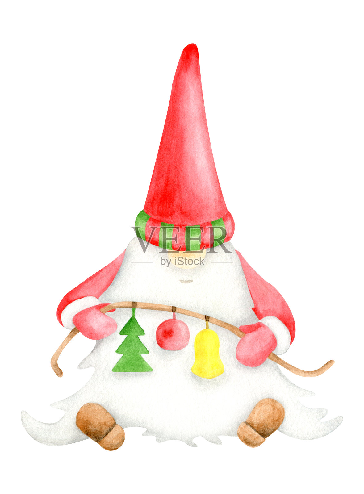 圣诞装饰水彩圣诞侏儒。手绘新年插图。小圣诞老人人物在红帽子孤立在白色背景印刷，贴纸，卡片，包装。设计元素图片