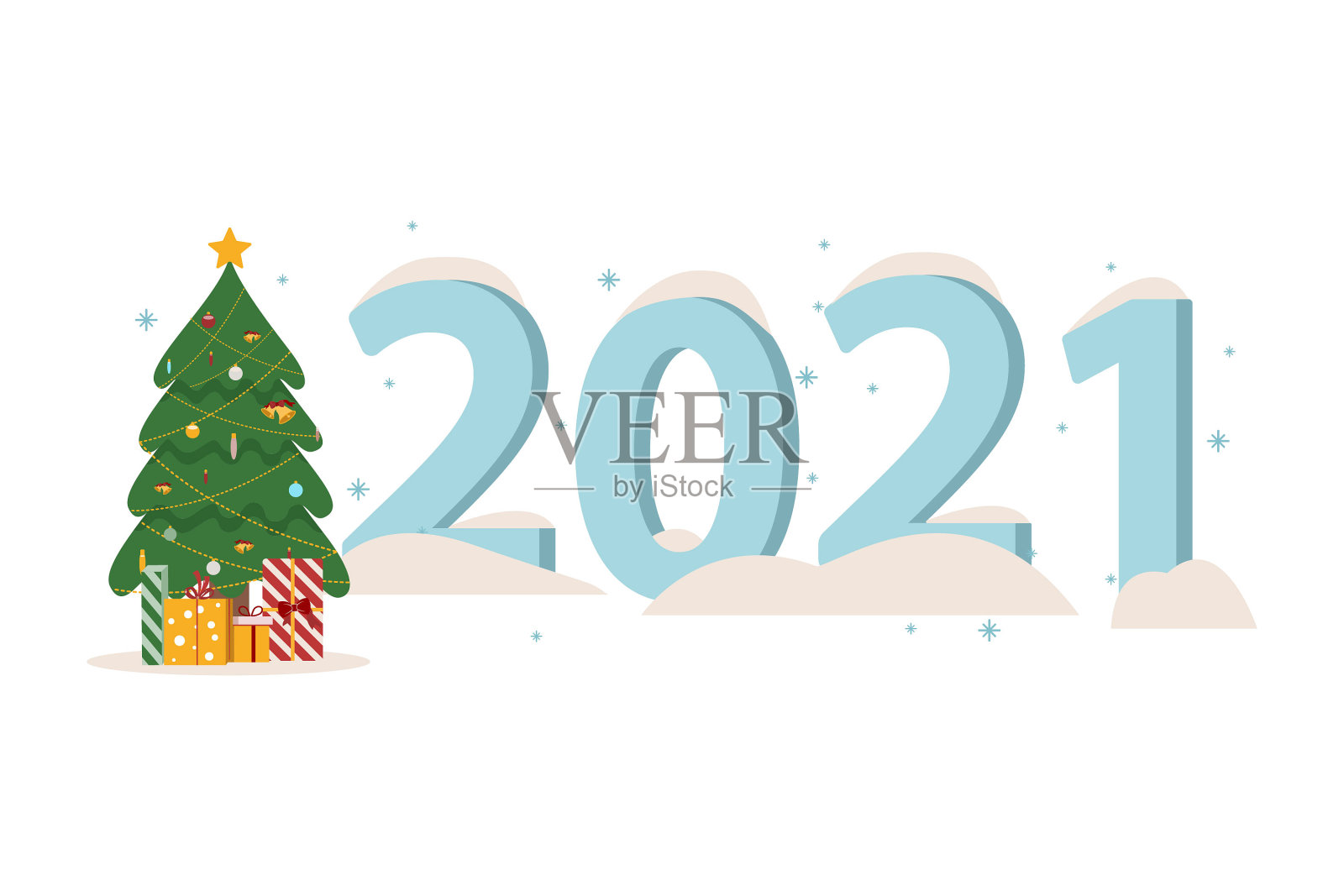 平面设计圣诞节和2021年新年矢量概念。体积形式。雪中的数字是2021。矢量插图海报，横幅，明信片，封面，明信片。插画图片素材