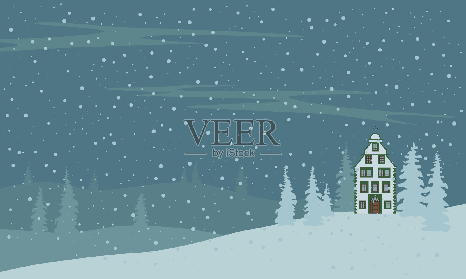 房子在一个下雪的圣诞夜晚水平景观。可爱的矢量插图在平面卡通风格。插画图片素材