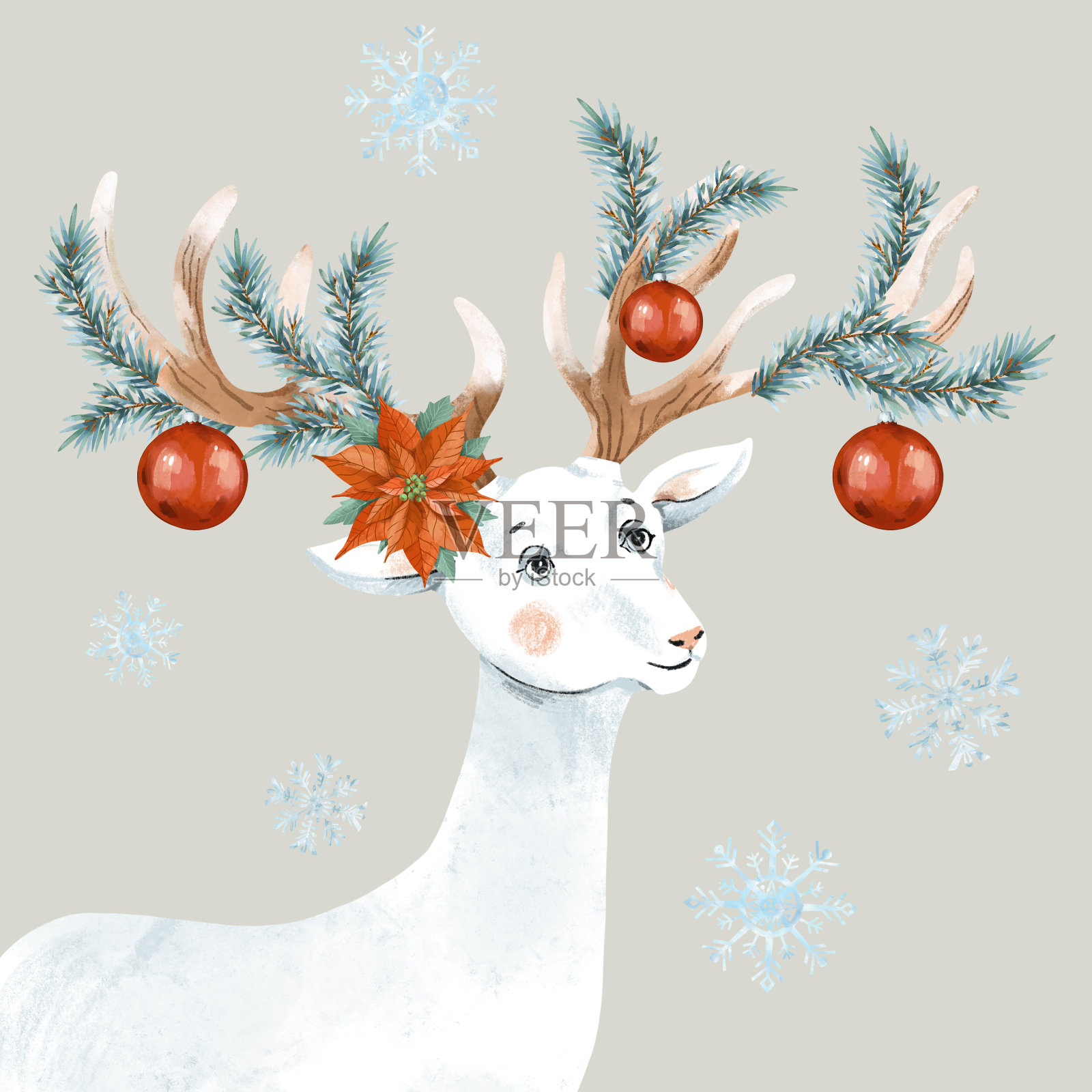 可爱的白鹿圣诞复古贺卡。插画图片素材