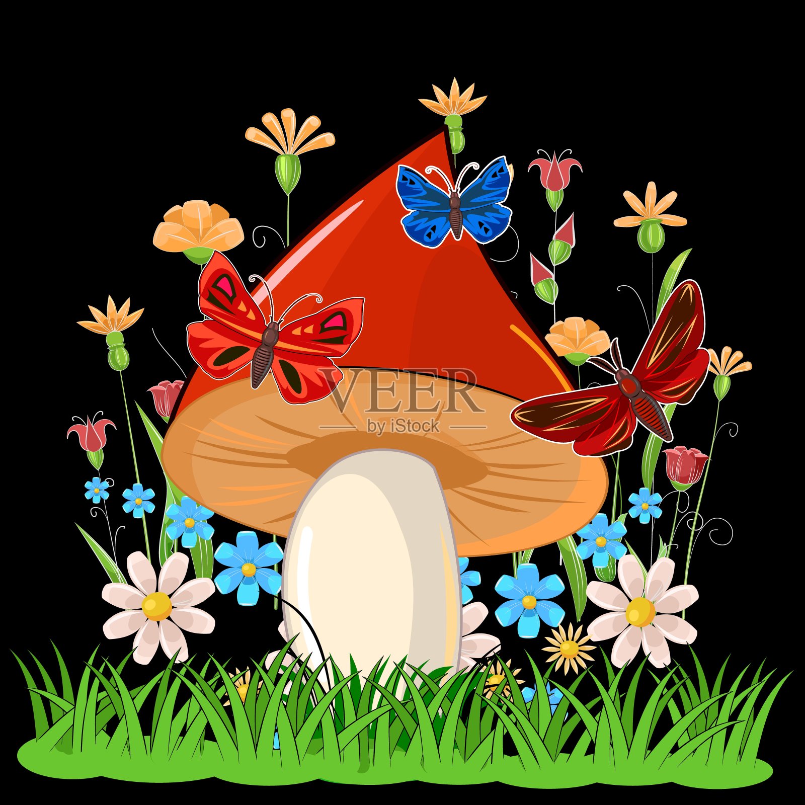 红色的蘑菇映衬着夜晚盛开的草地和蝴蝶。卡通平的风格。景观。野花和草。孤立。美丽的小森林蘑菇。向量插画图片素材