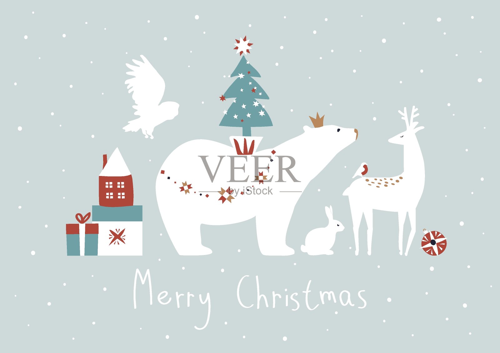 圣诞快乐!卡片上有北极熊，鹿，野兔，猫头鹰插画图片素材