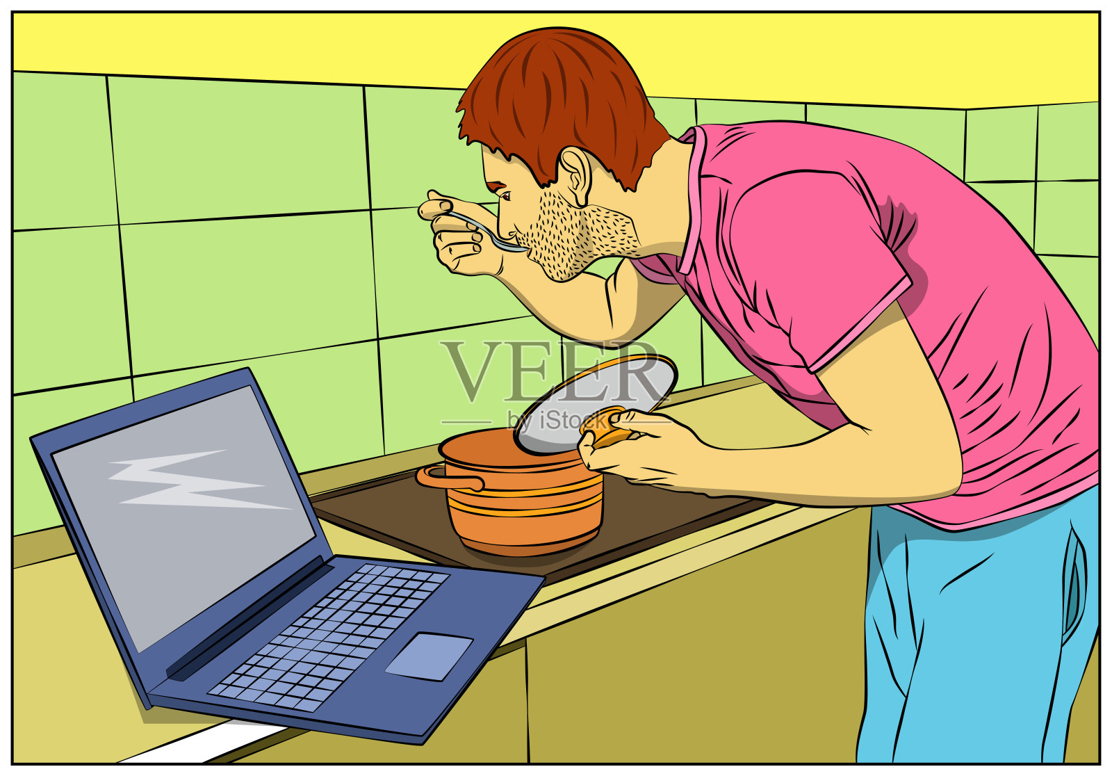 男人从锅里品尝汤。烹饪课程在线。插画图片素材