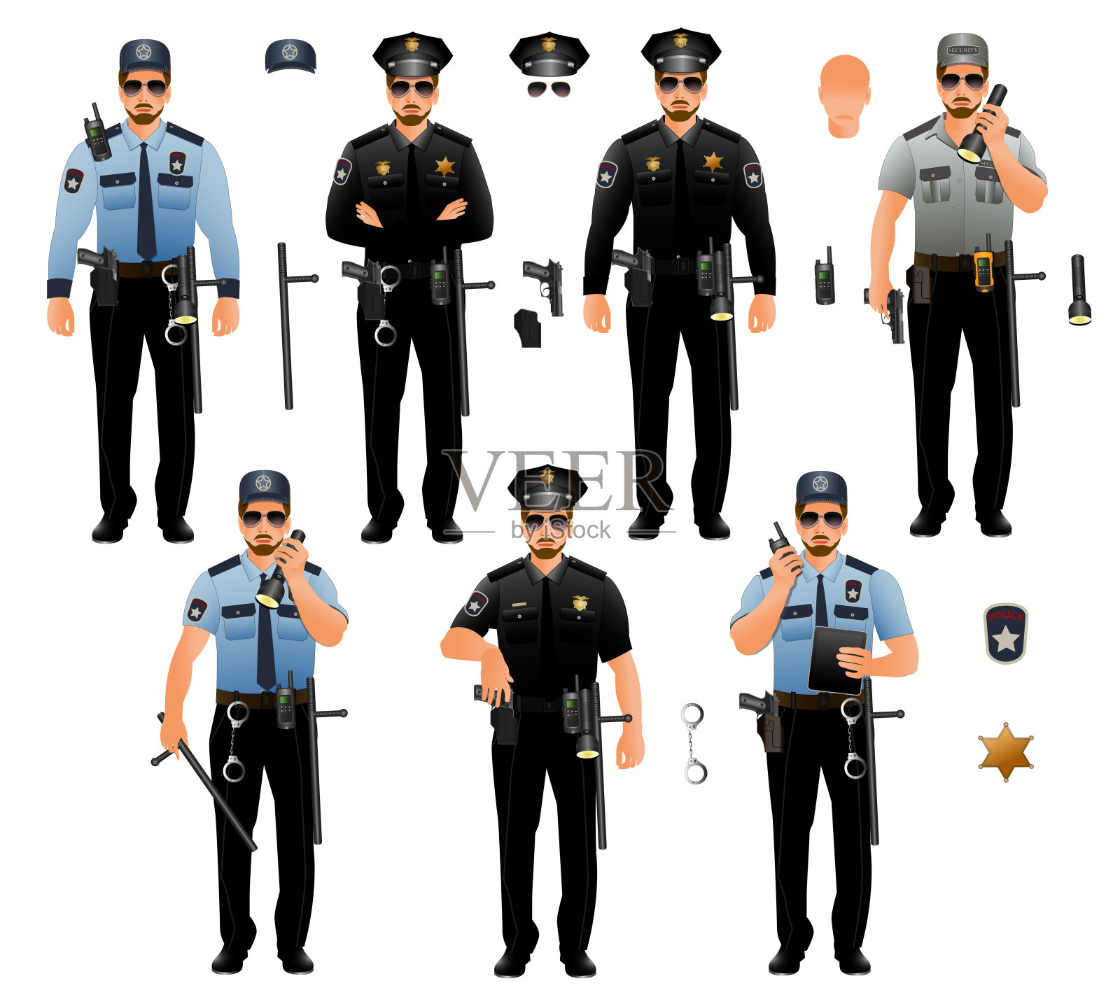 警察矢量集合，孤立插画图片素材