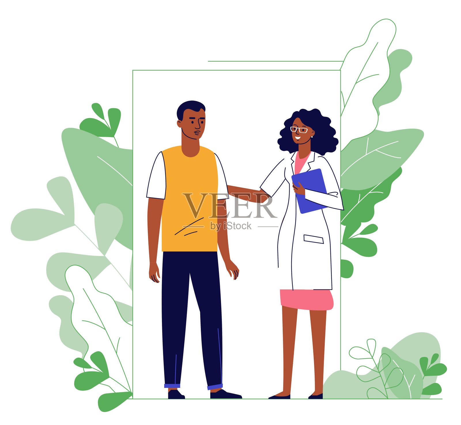 医学概念与黑人医生和病人的植物背景。插画图片素材