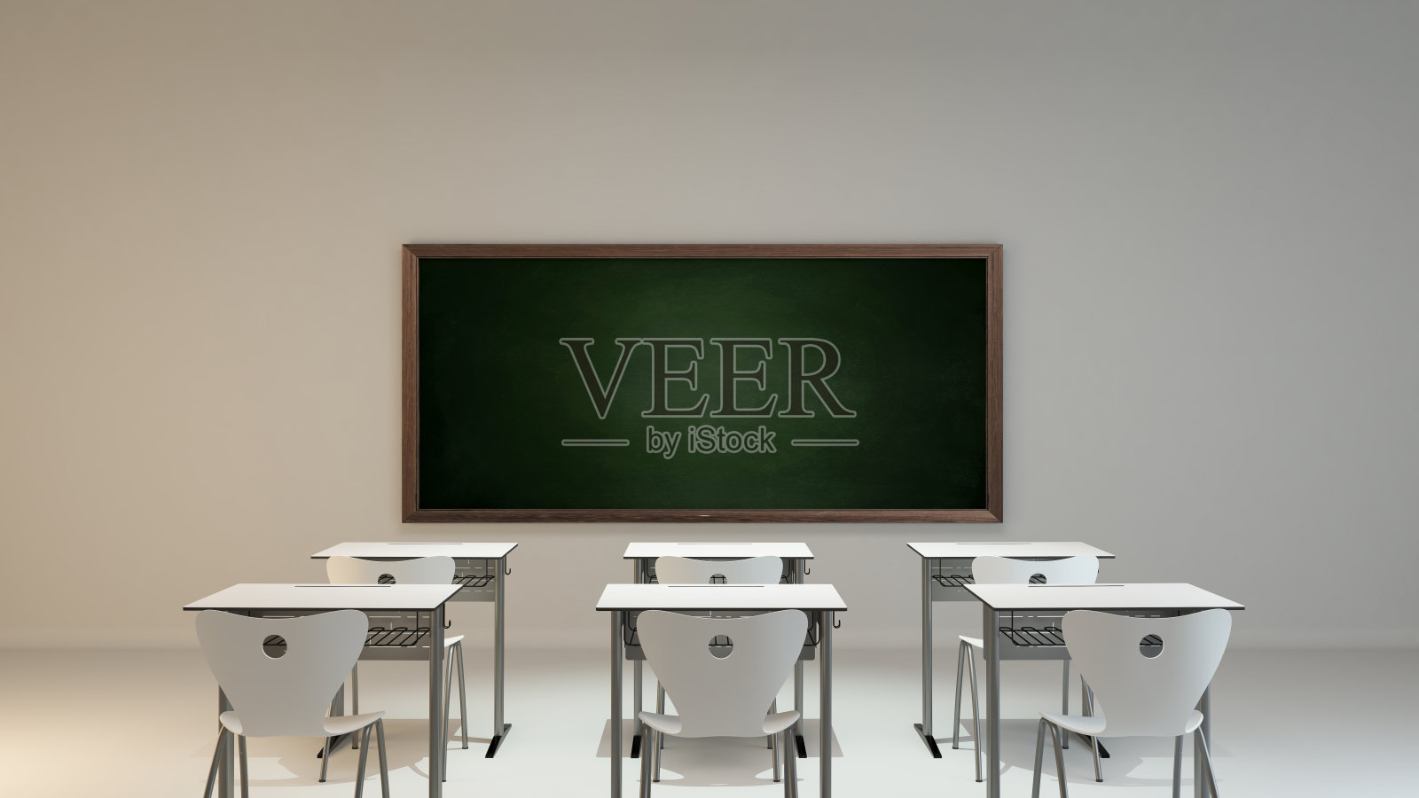 空的现代教室概念与白色木制书桌，椅子和绿色板3D渲染照片摄影图片