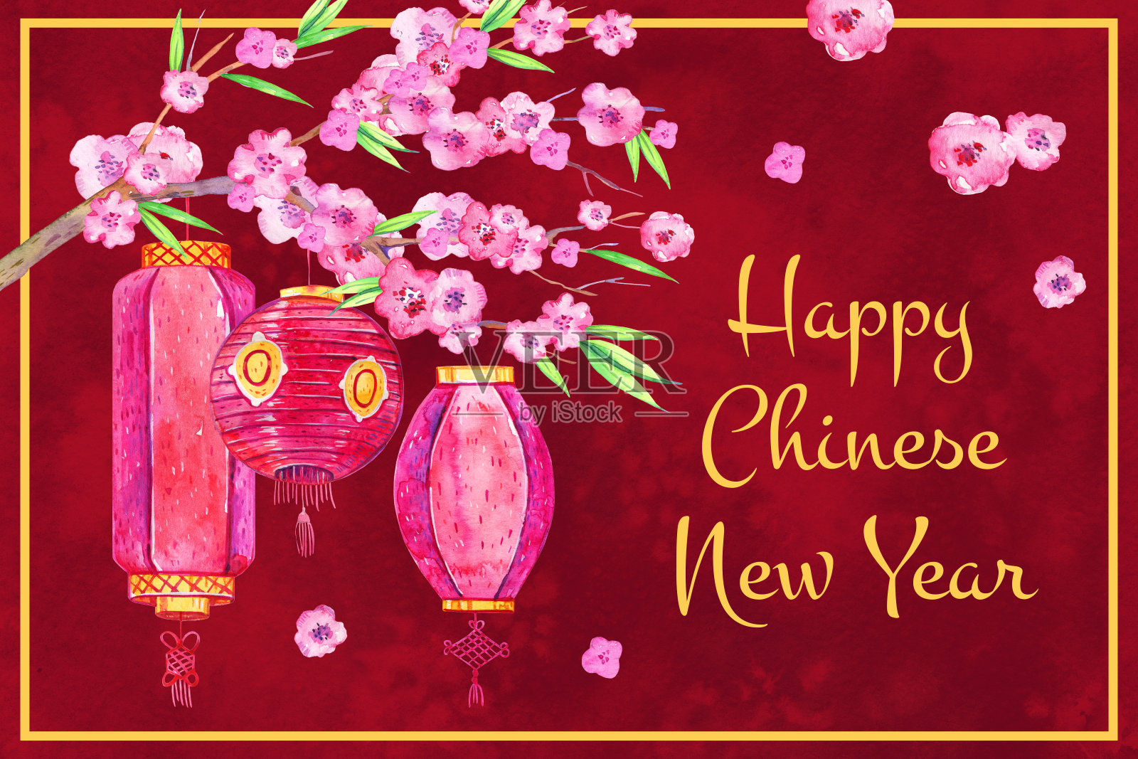中国新年设计模板与传统的纸灯笼在树枝上。手绘水彩素描插图在红色的背景插画图片素材
