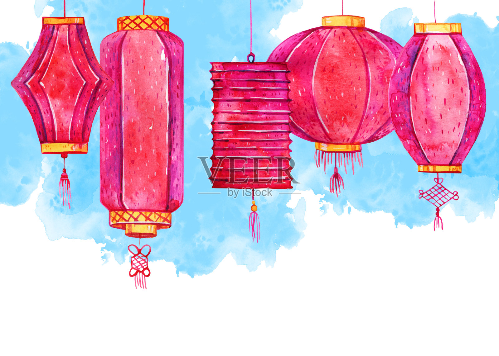 背景是中国的纸灯笼和蓝色的斑点。手绘水彩素描插图插画图片素材