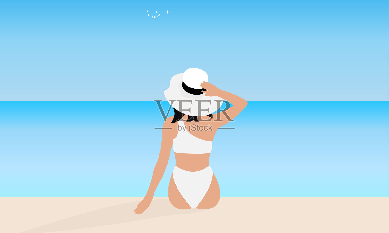 年轻女子穿着白色比基尼和帽子坐在海滩背景蓝色的海和天空，后视图插画图片素材