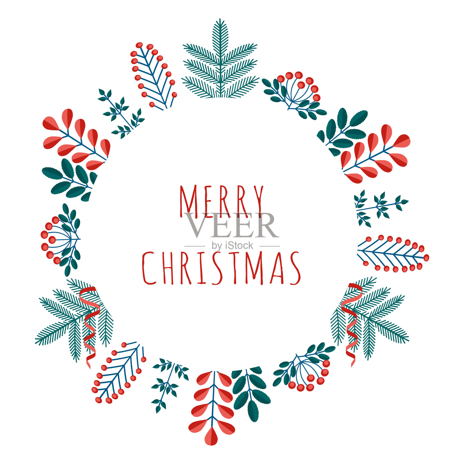 圣诞快乐节日快乐贺卡与冬季植物相框在现代扁平风格。Stock vector插图与植物符号的节日-松树，圆锥体，树枝，浆果在红色，绿色的颜色。设计元素图片