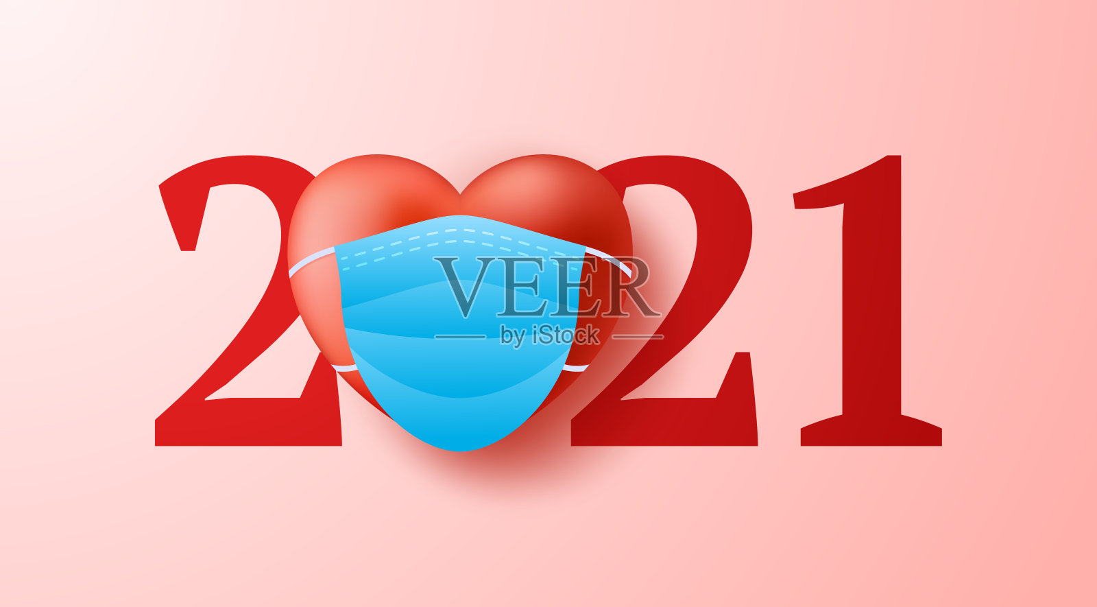 2021年情人节心脏逼真3d医疗面具的概念背景。矢量插图。2021年是爱情概念年。插画图片素材