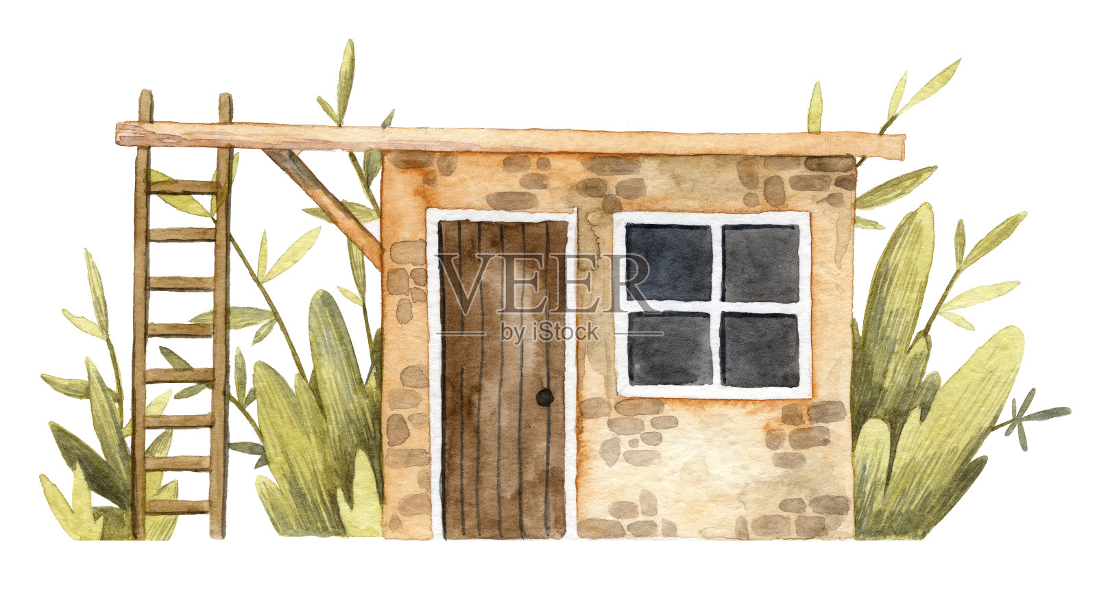 水彩手绘插画的小屋正面与花卉的背景设计元素图片