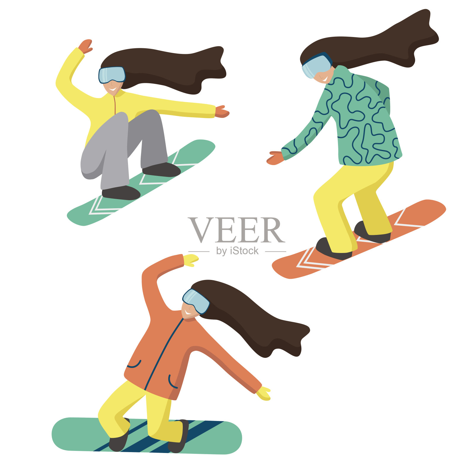 收集女性卡通人物表演冬季活动。一组穿着滑雪服的女人。插画图片素材