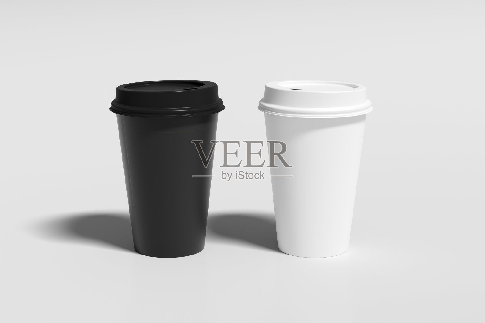 黑色和白色带走咖啡纸杯模拟与盖子在白色的背景。照片摄影图片