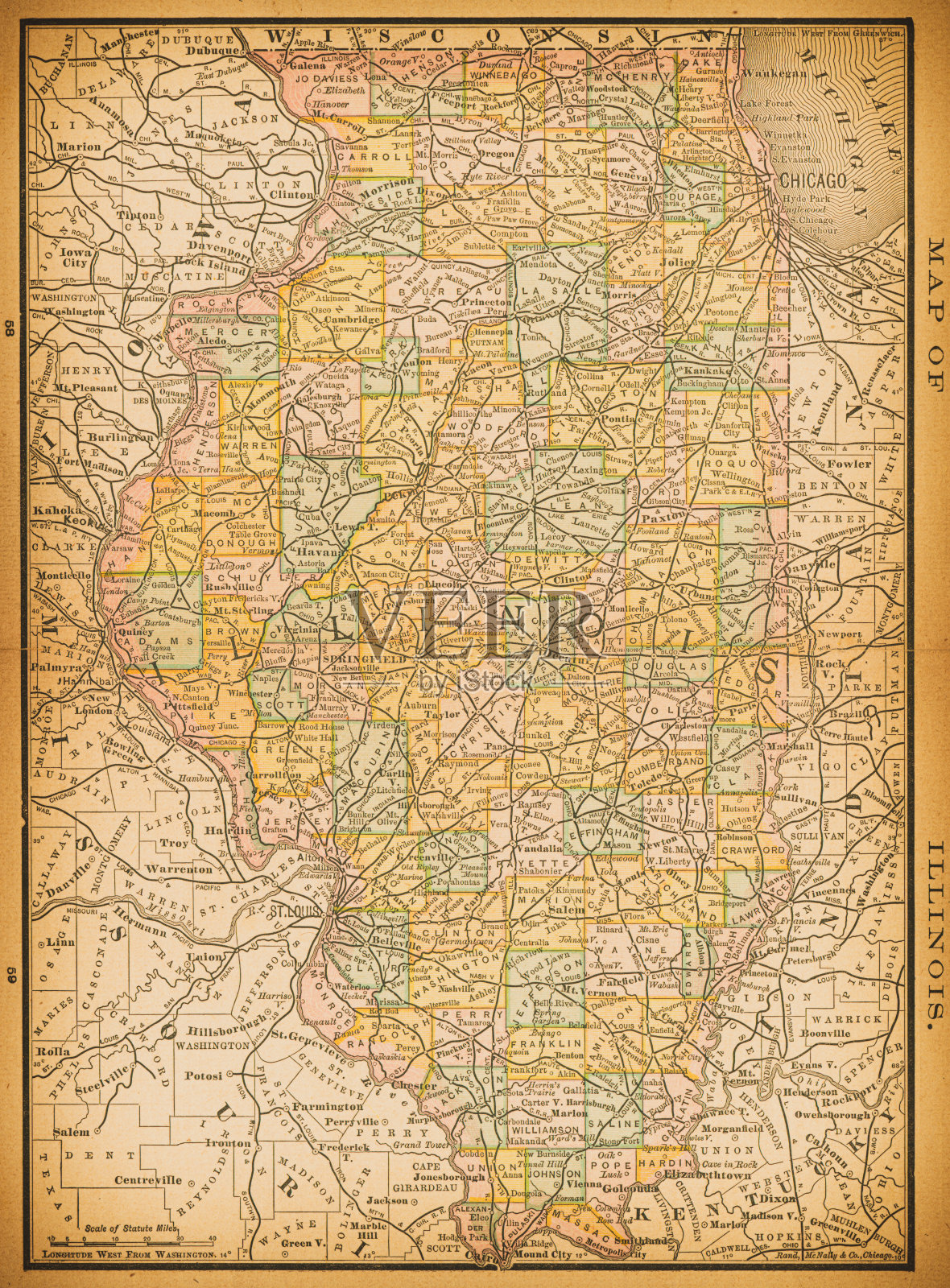19世纪伊利诺伊州的地图插画图片素材