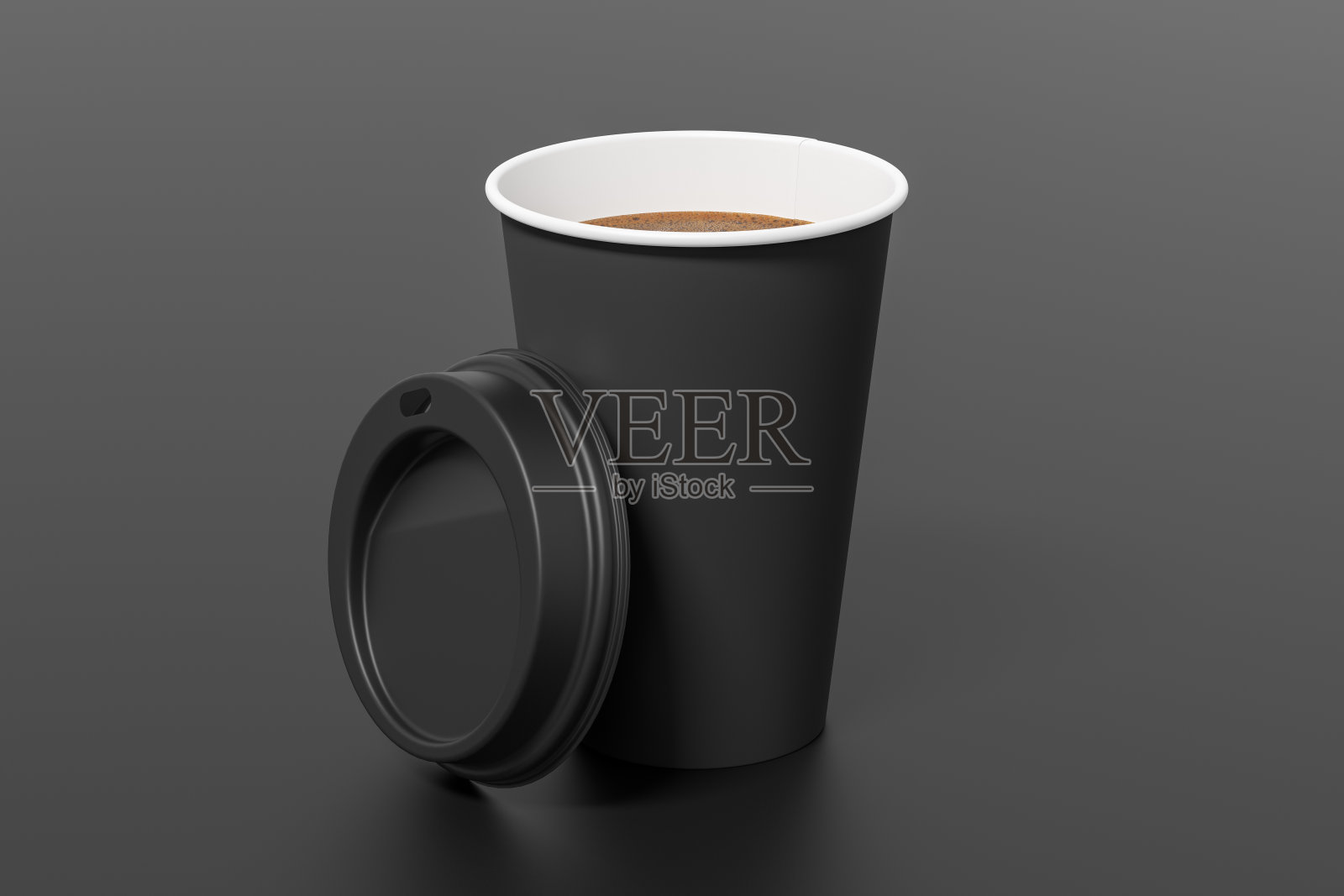 黑色带走咖啡纸杯模型与打开的黑色盖上黑色背景。照片摄影图片