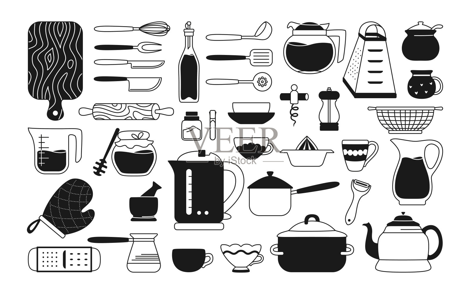 厨房工具黑色字形设置食物准备图标素材