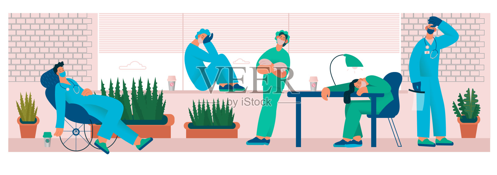 劳累过度的医生或护士在办公室里喝咖啡。插画图片素材