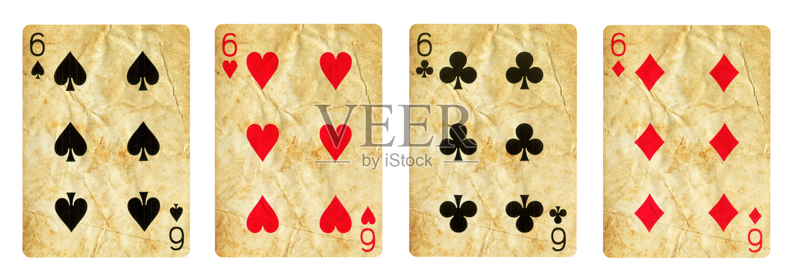一套六张扑克牌-孤立在白色上照片摄影图片