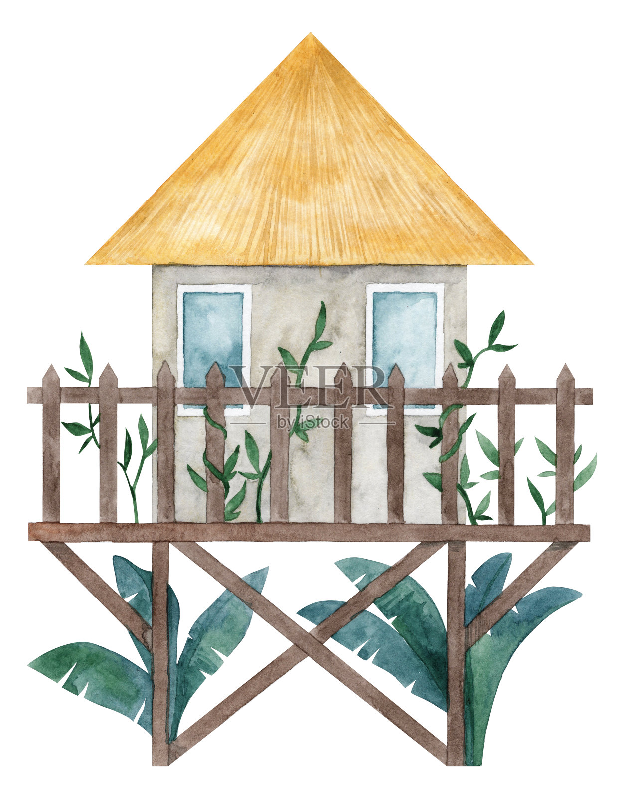 水彩手绘沙滩小屋与棕榈树设计元素图片