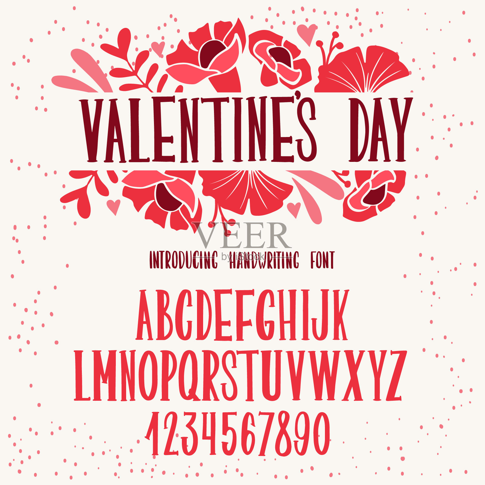 字体Valentinea年代的一天。字体字母与彩色可爱的插图。设计模板素材
