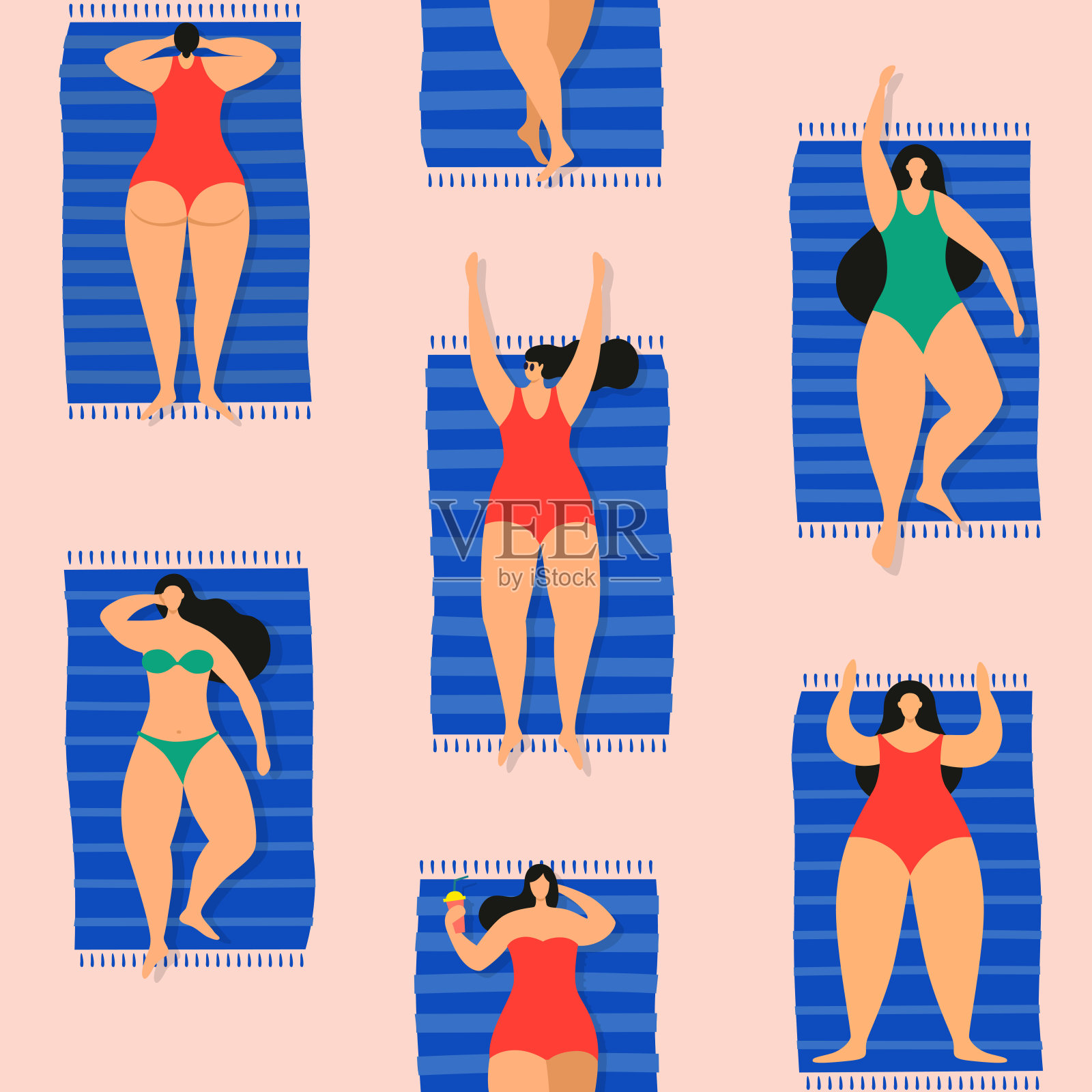 多彩的无缝夏季图案与日光浴年轻美丽的女人在海滩上。插画图片素材