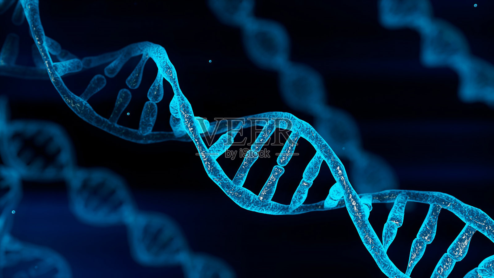 蓝色的染色体DNA和逐渐发光的发光物质化学时，相机移动近距离。医学与遗传遗传健康理念。技术科学。3 d演示呈现照片摄影图片