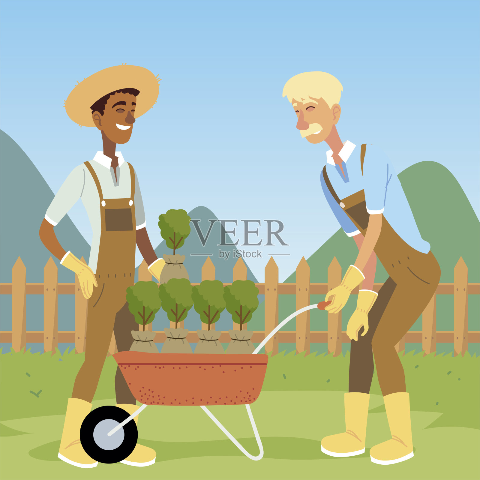 园艺，园丁用手推车和植物插画图片素材