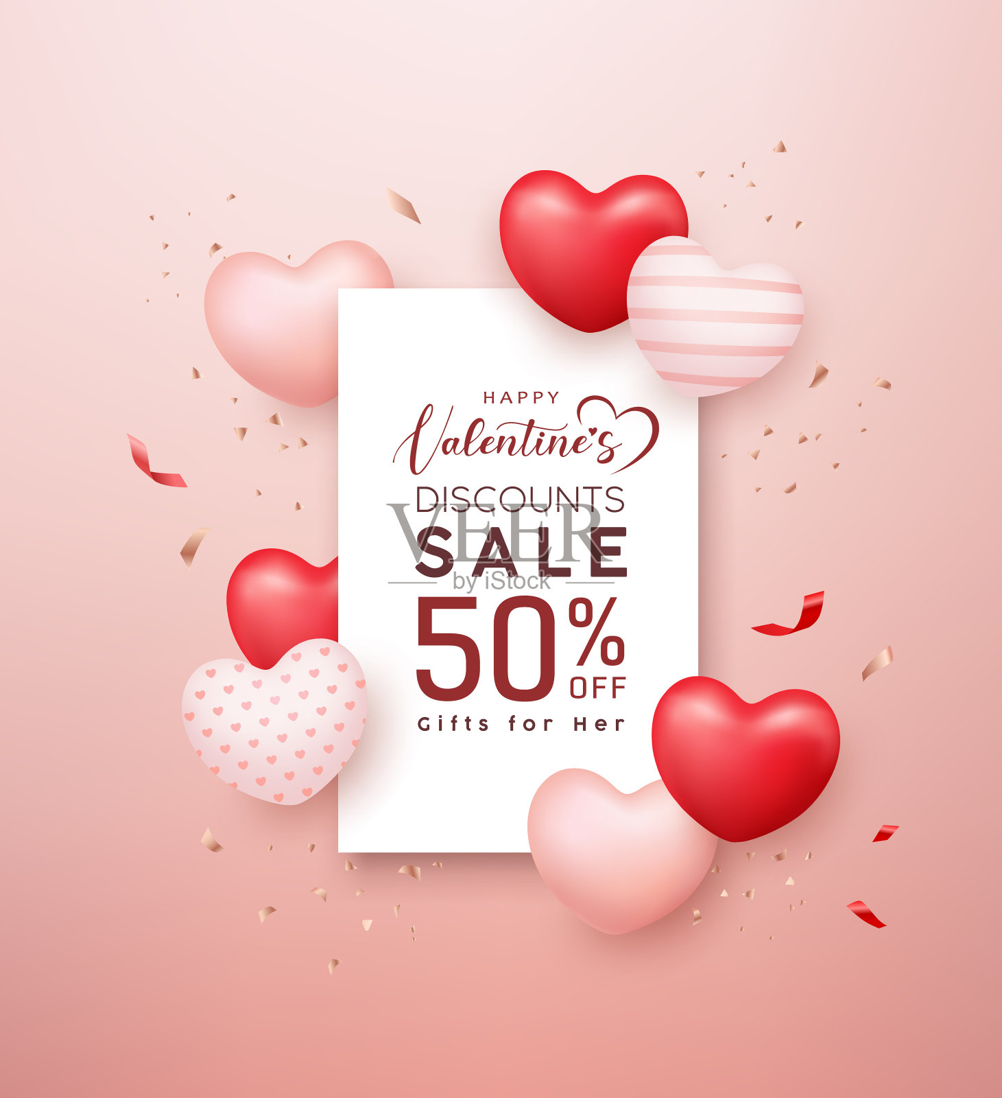 快乐的情人节销售红色和粉红色，白色气球心与白色纸传单海报设计在粉红色的背景插画图片素材