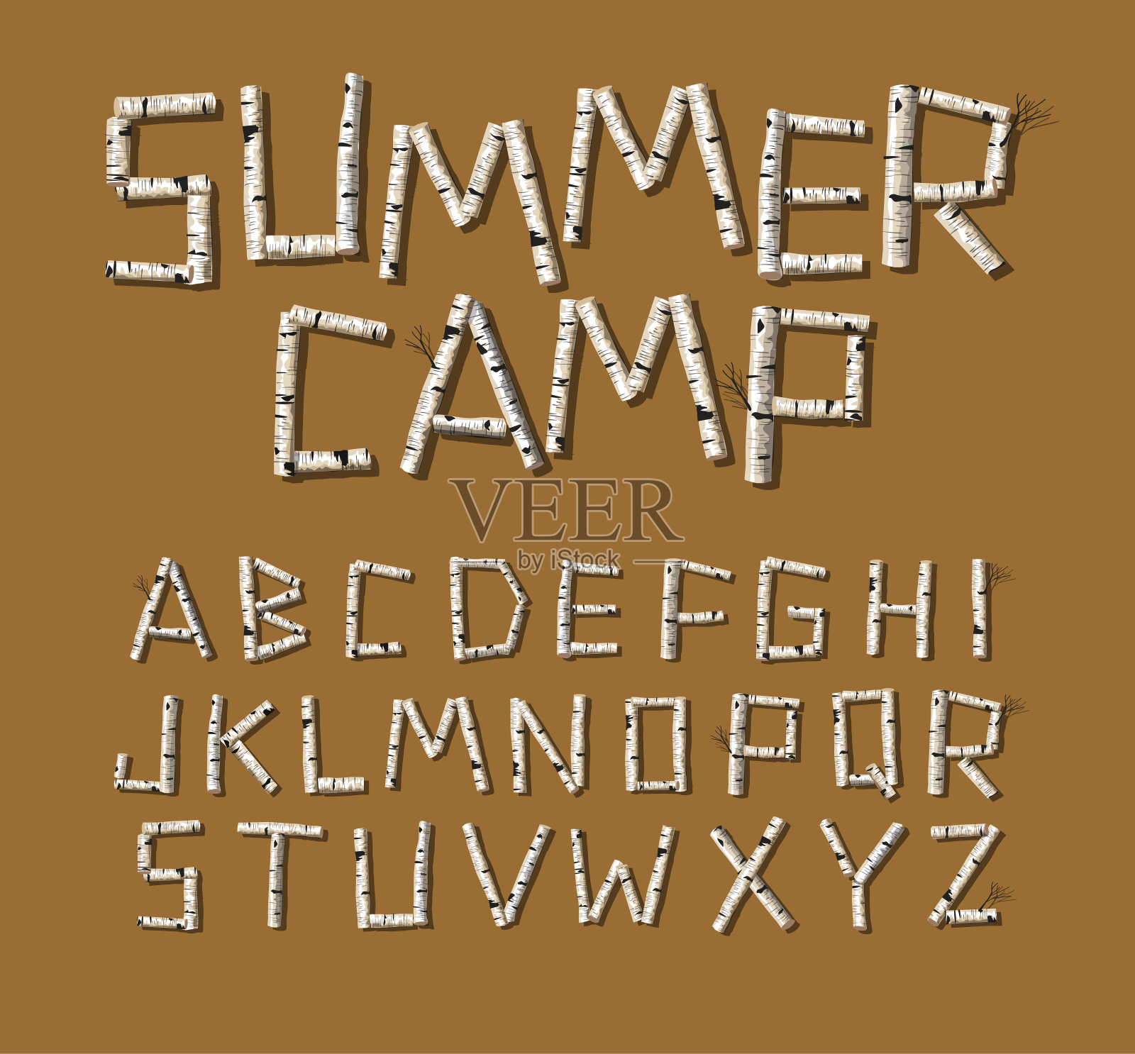 由桦树原木制成的字母表字体设计元素图片